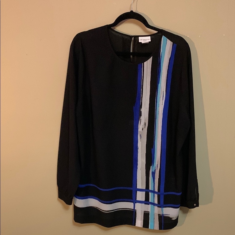 Liz Claiborne Women’s Abstract Black/Blue Size XL Blouse Office Artsy